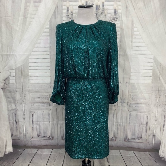 NWT Vince Camuto Size 6 Green 3/4 Balloon Sleeve Crew Neck Sequin Dress Sheath - Picture 2 of 14